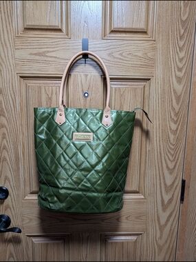 Joy & Iman Quilted Green Tote with Tan Handles